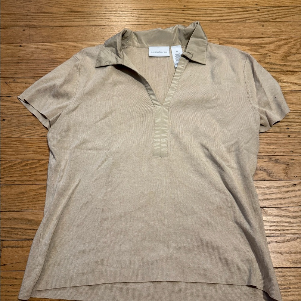 Liz Claiborne Tan Polo Shirt Fitted Short Sleeve Classic Collar